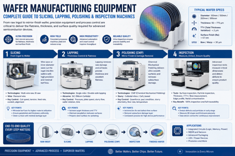 Wafer Manufacturing Equipment: Complete Guide to Slicing, Lapping, Polishing & Inspection Machines 40 Wafer Manufacturing Equipment: Complete Guide to Slicing, Lapping, Polishing & Inspection Machines